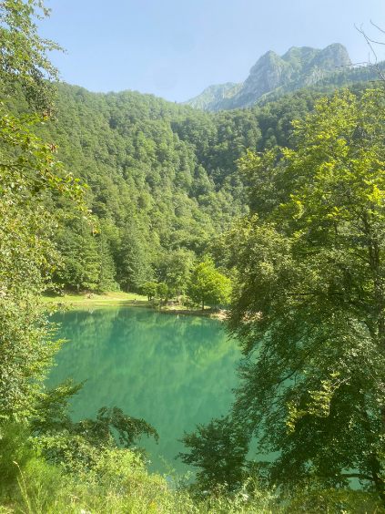 Lac aux eaux émeraude entouré de forêts, Ariège